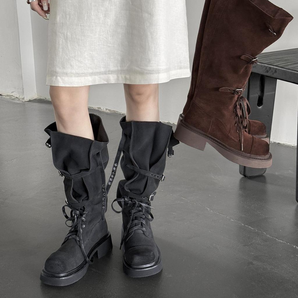 2025 новые ковбойские сапоги в западном стиле, ретро рыцарские сапоги, женские сапоги средней высоты, средний толстый каблук, толстая подошва, с мехом, длинные сапоги