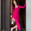 Spring Square Neck Knitted Sexy Dress Women Fashion Autumn Slim Fit Base Women's Sweater Dresses Elegant Long Sleeve Solid Winter Casual Dress 25955
