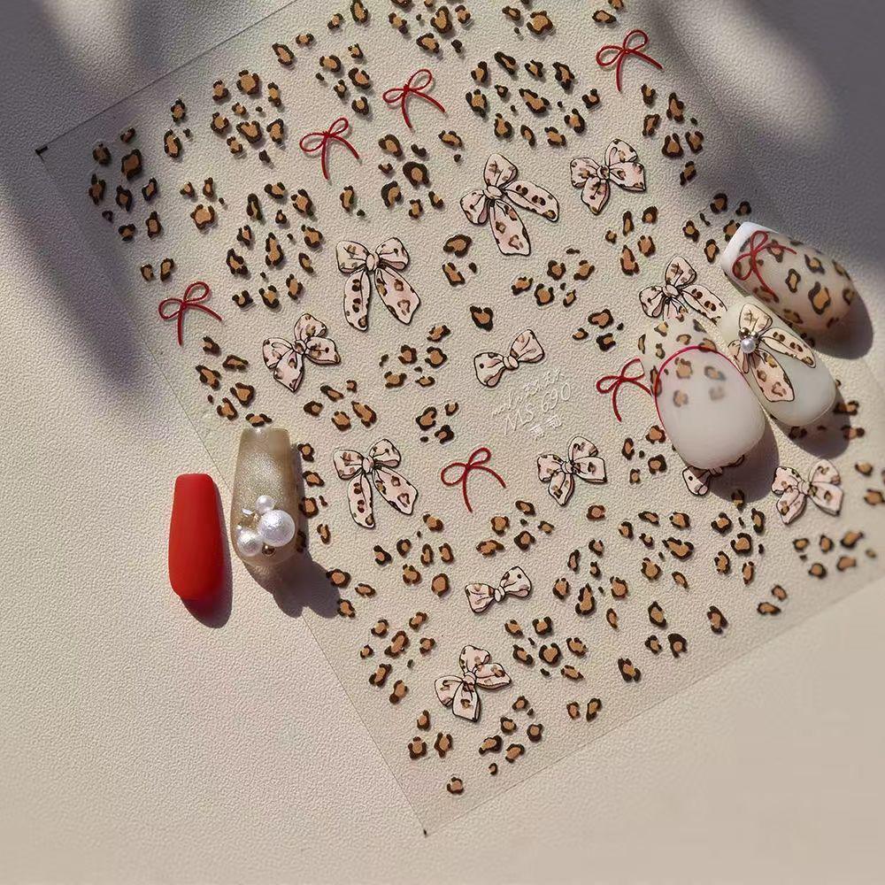 Горячая Девушка Леопардовый Принт Бантик Наклейки для Маникюра - Розовые и Сладкие Клейкие для Крутых Стилей