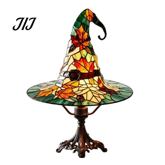 Retro Witch Hat Night Light Desk Lamp, USB Plug-in Light, Stained Glass Style Resin Table Lamp for Halloween Autumn Thanksgiving Home Decor,