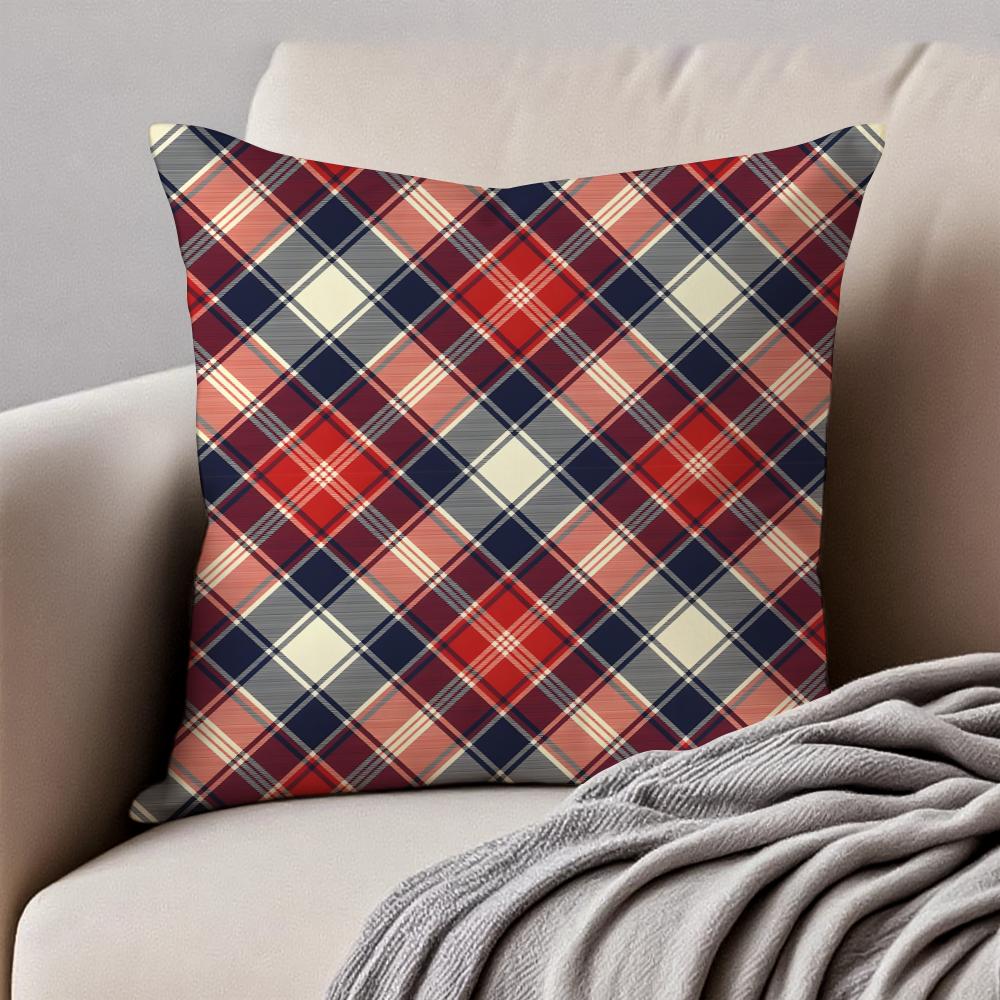 CCheckered pattern Cushion Cover Pillowcase Antidustmite Invisible Zipper Short Plush Sofa Cushion