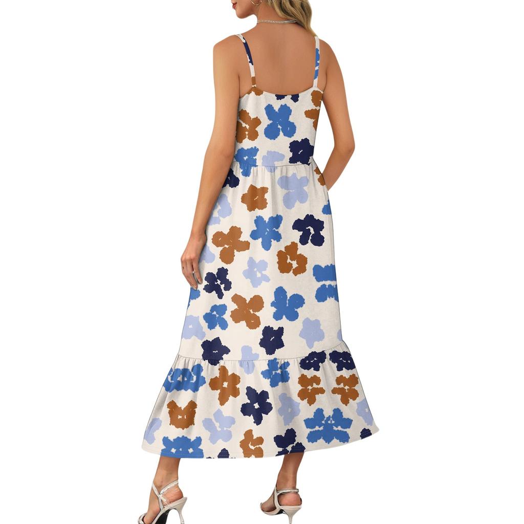 Женское длинное пляжное повседневное элегантное платье макси на тонких бретельках с цветочным принтом, струящееся платье в стиле бохо
