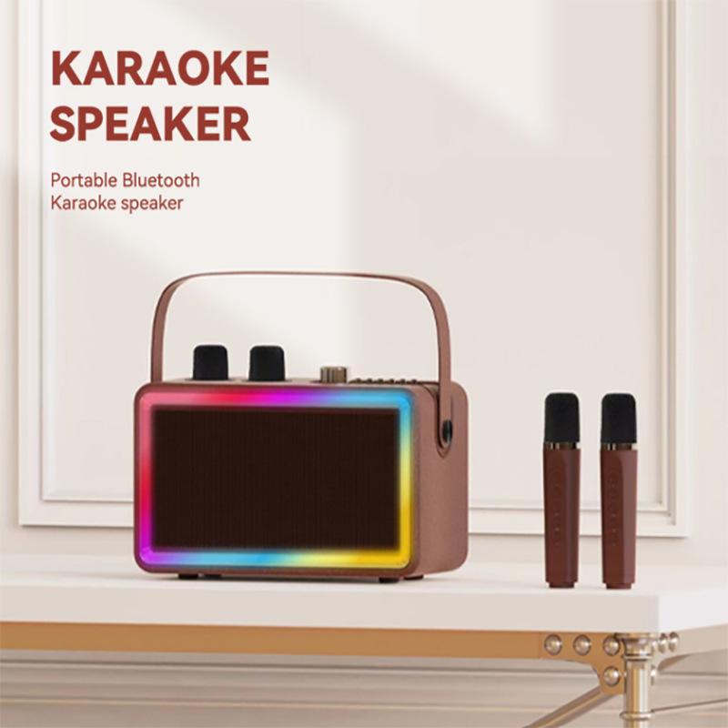 Retro Karaoke Wireless Bluetooth Speaker Microphone All in One Outdoor Family Gathering Set KTV Dual Mic LED