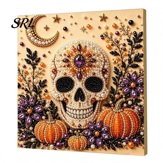 Autumn Home Decor Ghost Faux Pearl Art Kit, Halloween Pumpkin Painting DIY Decorative Canvas Projects 3D Spooky Skull Craft Kit for Adults Beginners,