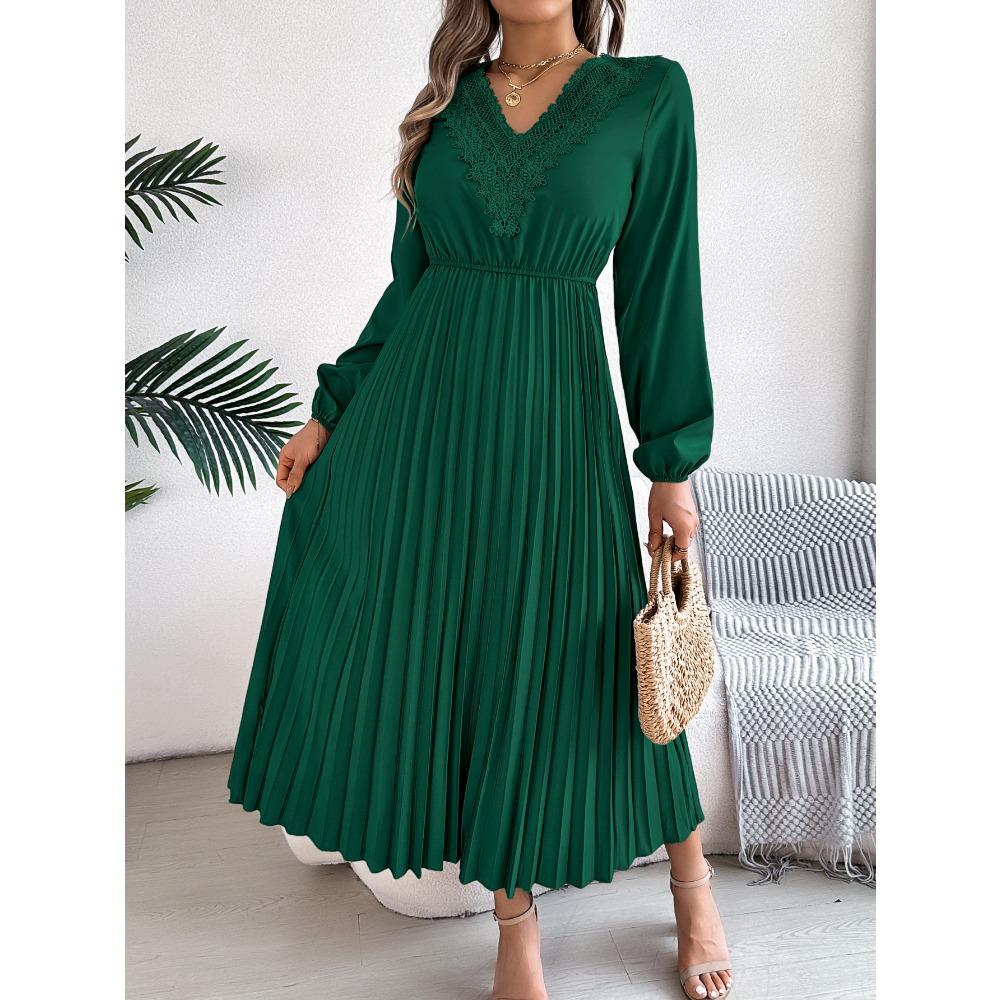 Spring and Summer Elegant Temperament V-neck Lace Waisted Pleated Long Women's Dresses Long Skirts
