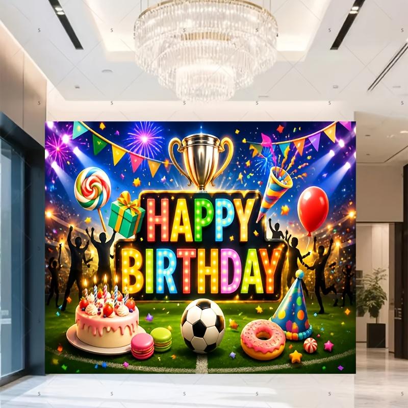 Vibrant Carnival-Style Celebration Scene with Bold Happy Birthday Lettering, Trophy, Colorful Bunting, Lollipops, Gift Box, Cake, Soccer