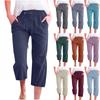 Pants For Women Casual Summer Solid Color Elastic High Waist Cotton And Linen Loose  Pants Drawstring Pocket Mid Leg Pants