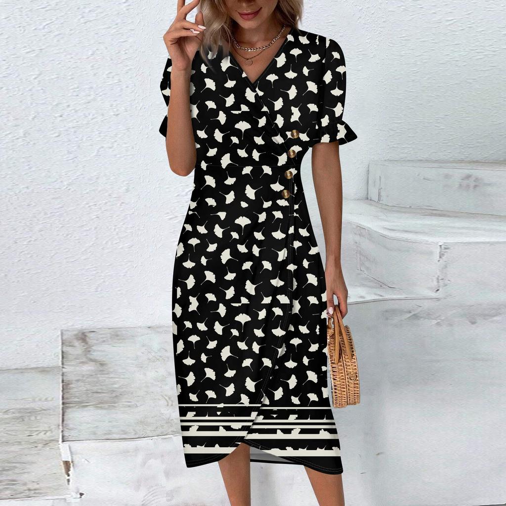 Женское летнее повседневное платье с v-образным вырезом и трапециевидным вырезом в стиле бохо, платье с цветочным принтом и воланами, с запахом и подолом