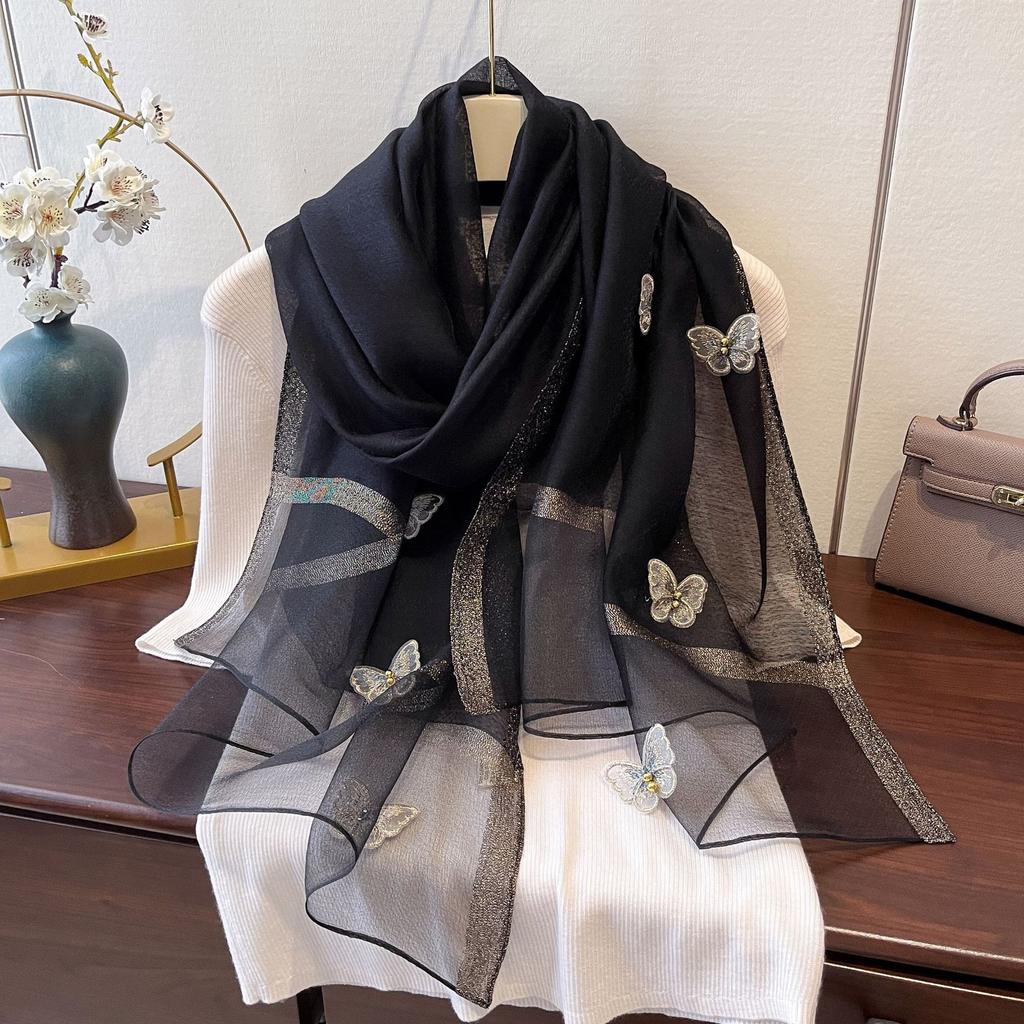 New Butterfly Embroidered Beads Fashionable Scarf for Women's Sun Protection and Windproof Temperament Shawl Thin Imitation Silk Scarf