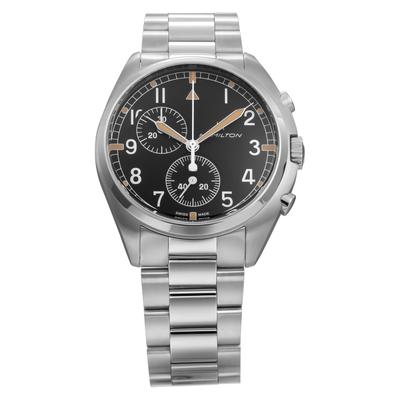 Часы Khaki Pilot Pioneer Chrono с черным циферблатом, кварцевые, водонепроницаемые, 100 м, хронограф из нержавеющей стали H76522131, серебристые [Hamilton] мужские [Товар]