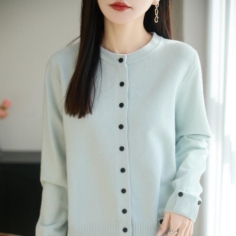 Women S Cotton Knit Cardigan Round Neck Long Sleeve Loose Fit Sweater