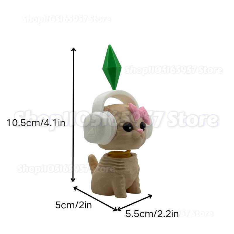 3D-печатная фигурка кота Sim-S с наушниками и декором Plumbob - Милая геометрическая статуэтка котенка, Декор для домашнего стола, Кавайные акценты, Подарок