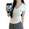 Color Solid Summer Women Spring Short Sleeved Tshirt Tight Vneck Button Blouses Pullover Top Sxxl