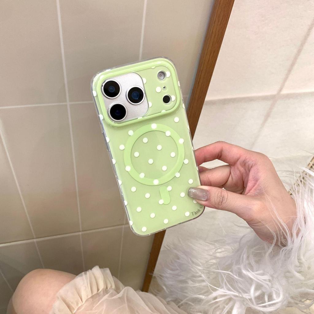 Чехол для iPhone в корейском стиле в горошек, совместим с 13, 14, 15 Pro и 17 Pro, полное покрытие, магнитный, цвет маття (зеленый).
