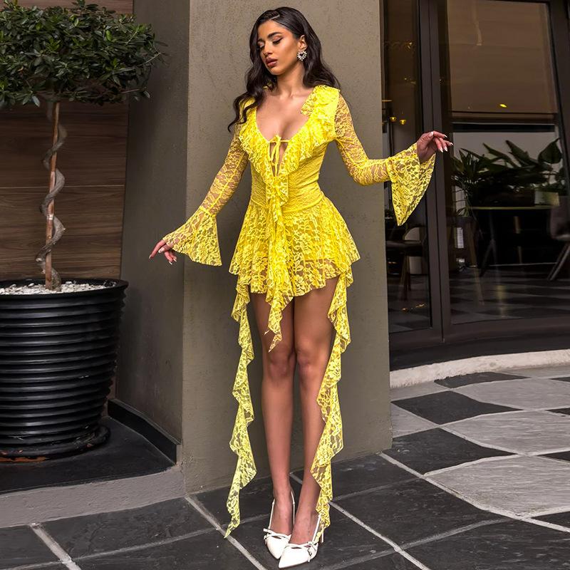 Women S Sexy Lace Deep V Neck Ruffle Slimming Evening Dress
