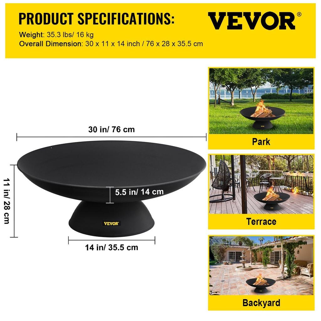 Fire Pit Bowl, 30-Inch Deep Round Cast Iron Fire Bowl, Wood Burning for Outdoor Patios, Backyards & Camping Uses, with A Stable Bowl Designed Base and
