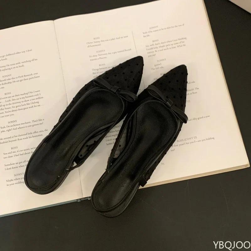 Женские элегантные туфли Французский бантик туфли на низком каблуке Обувь в сказочном стиле Босоножки с закрытым носком Летние сетчатые дышащие балетки Zapatos