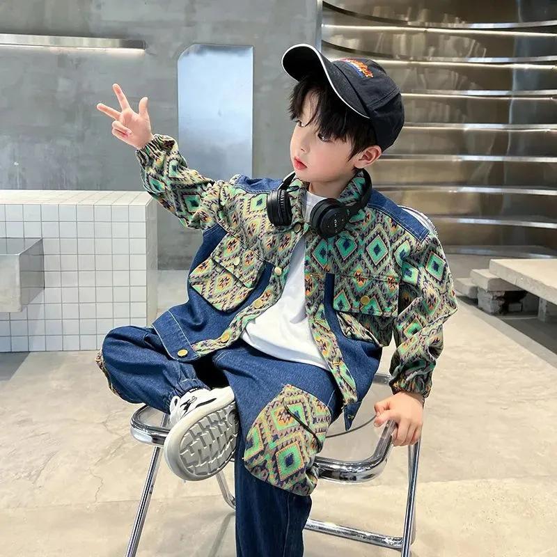 Boys Denim Suit, Big Children's Spring and Autumn Models, Korean Version of Casual Fashionable Handsome Denim Two-piece Suit