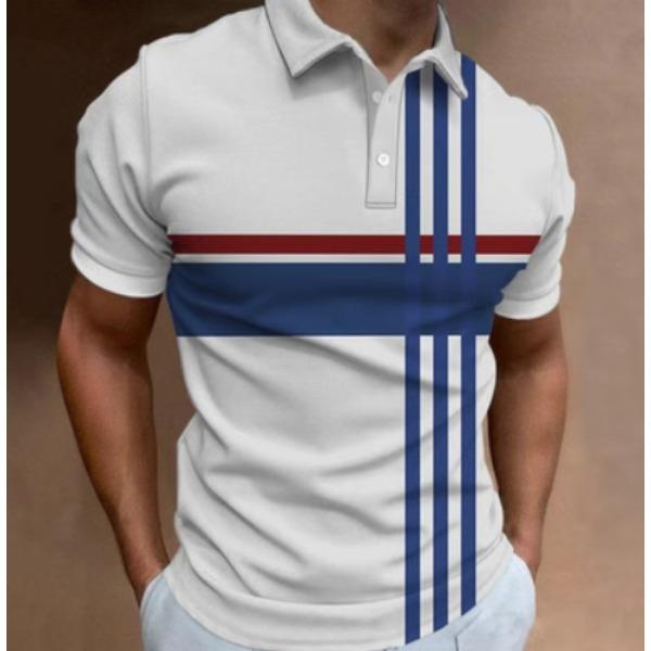 Мужская модная рубашка поло с коротким рукавом и лацканами с 3D-цифровой печатью, полосатая рубашка поло