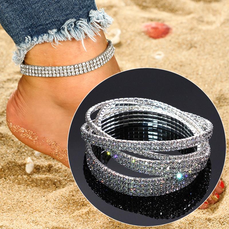 Цепочка со стразами 2, 3, 4, 5 рядов, сверкающие бриллианты, эластичный кристалл, многослойный, опционально, модный серебряный браслет, ножной браслет, украшение для ног со стразами
