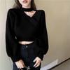 Korean Irregular Hanging Neck Short Pullover Sweater Women Sweet and Spicy High Waisted Sweater Caution Pullover Female Tops