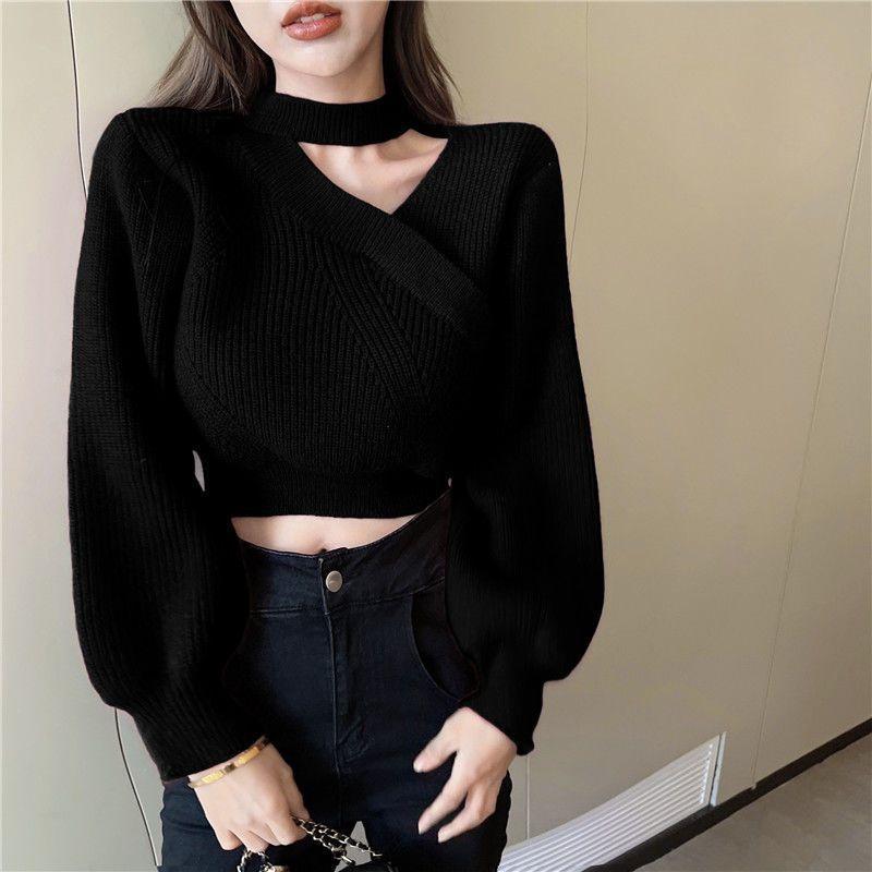 Korean Irregular Hanging Neck Short Pullover Sweater Women Sweet and Spicy High Waisted Sweater Caution Pullover Female Tops