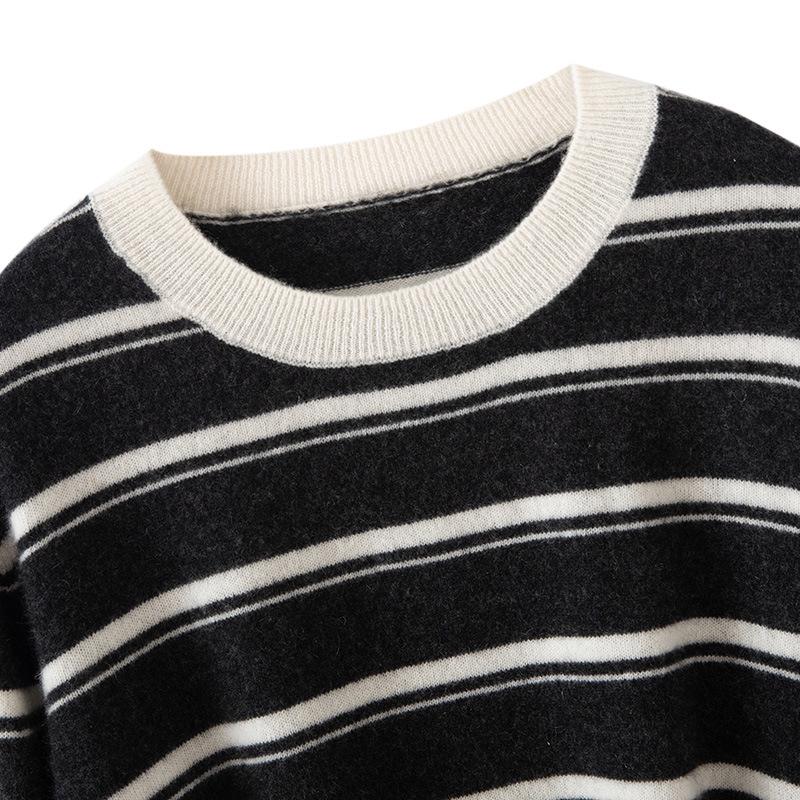 Autumn Winter Retro Stripe 100% Pure Cashmere Round Neck Knit Loose Sweater