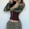 Long Sleeves Transparent Flower T-shirt Pleated Slim Crop Tops  Spring Summer