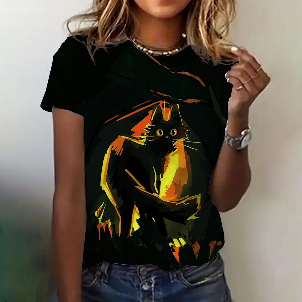 Женская футболка, летняя, с круглым вырезом, коротким рукавом, с рисунком кошки, топ, костюм на Хэллоуин, модная, свободная, с коротким рукавом, женская футболка 2024