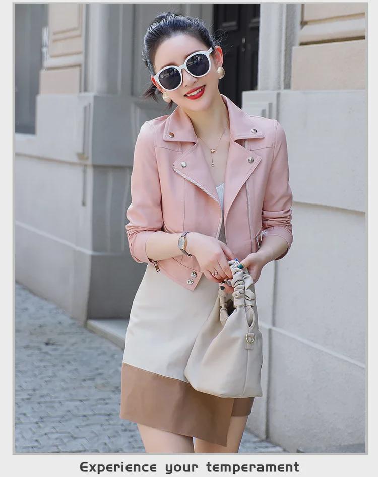 Женская мотоциклетная куртка из искусственной кожи - весна/осень 2023 г., корейский стиль, воротник-стойка, короткая и стильная, с подходящим кошельком