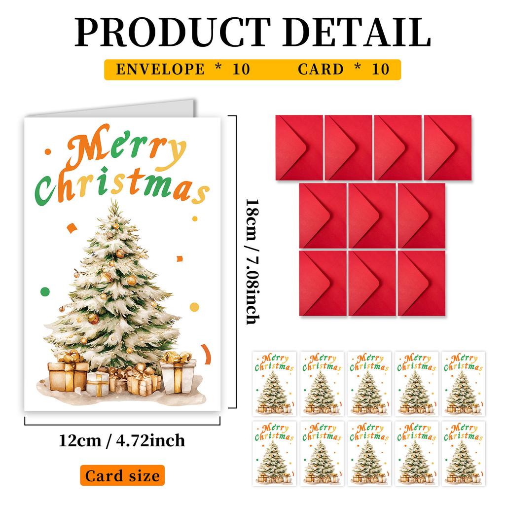 10PCS Large Christmas Greeting Cards with Envelopes, Watercolor Xmas Tree Cards for Holiday & New Year Gifts
