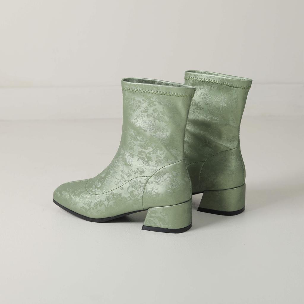 lenkisen PU Autumn Winter Shoes Thick Med Heels Printing Oriental Design Chelsea Boots Keep Warm Fashion Ankle Boots