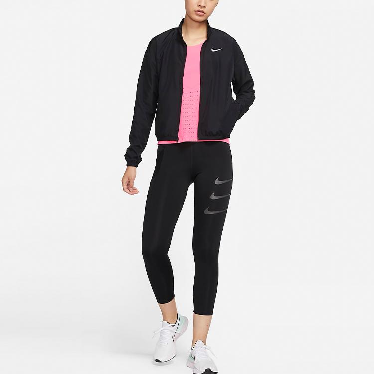 Nike Куртка женская Dri-FIT Swoosh Run со светоотражающим логотипом и принтом, складная, с воротником-стойкой, черная DD4926-010