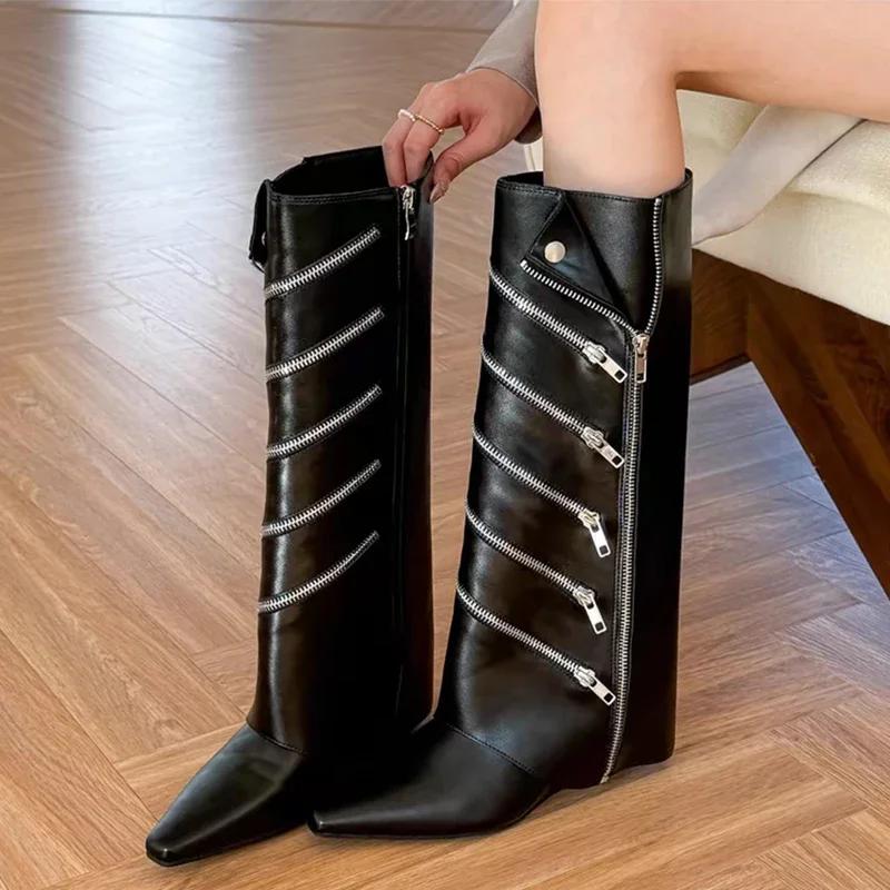 Женские высокие сапоги с острым носком, кожаные туфли, женские, зимние, новые, челси, на молнии, зимние, готические, гладиаторские, мотоциклетные ботинки 2024 года