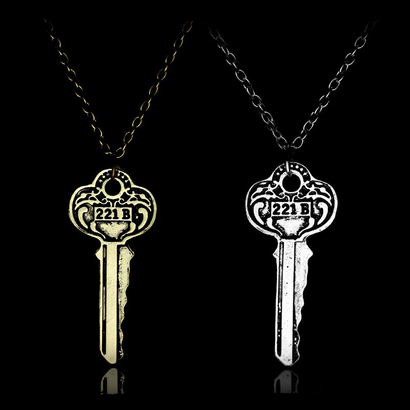 Sherlock 221b House Key Necklace Vintage Key Shape Pendant Necklaces For Women Men Fans Jewelry Cosplay Gifts Accessories