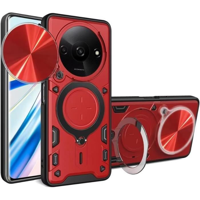 Coque - E.F.CONNECTION - Pour Xiaomi Redmi A3 - Rouge - Support rotatif 360° - Plaque métallique intégrée