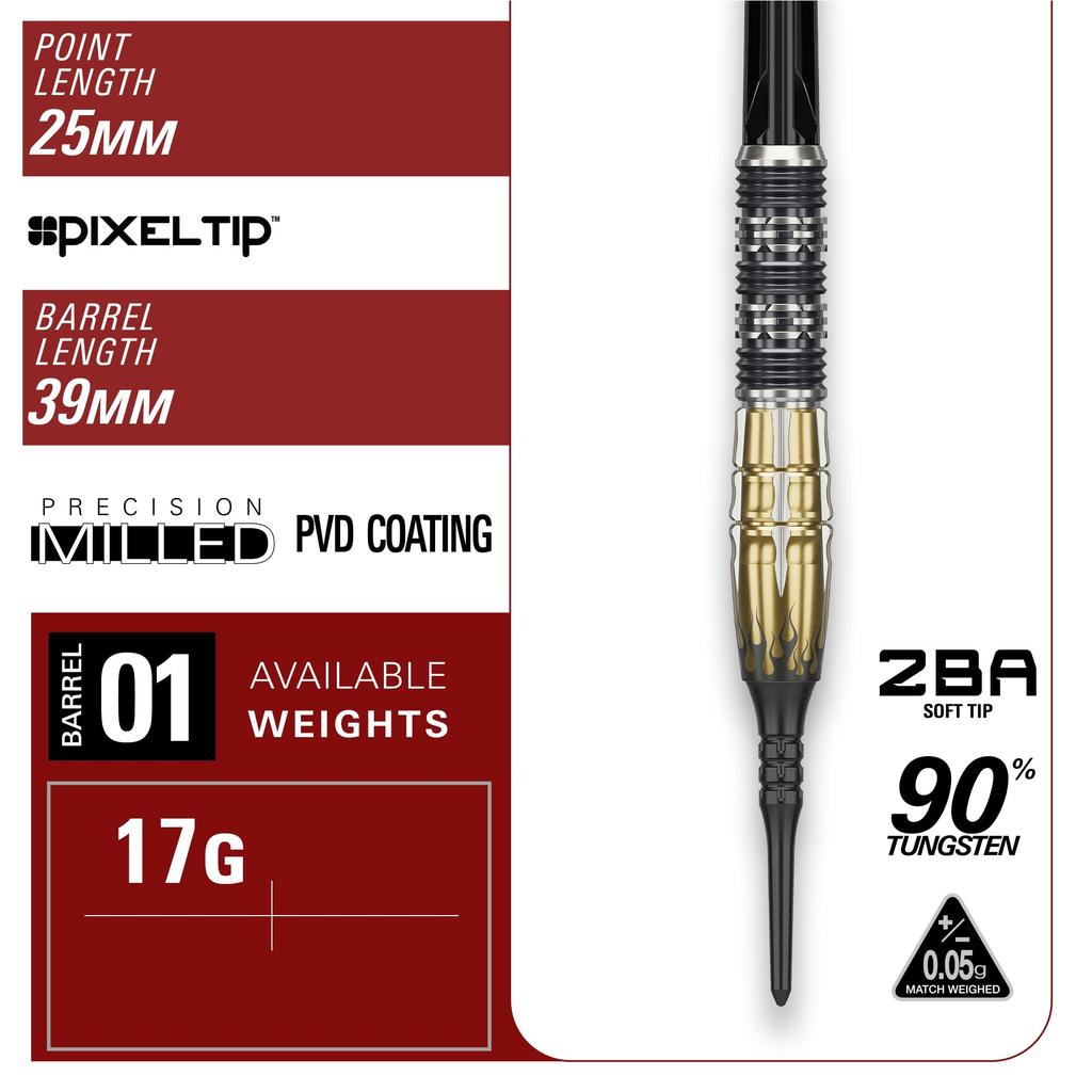Target Japan PYRO GEN11 Mitsumasa Hoshino 90% Tungsten K-Flex 2BA Soft Tip Darts Set, 17g, 2BA SOFT TIP DARTS, K-Flex No. 6 Shape Flights and Shafts