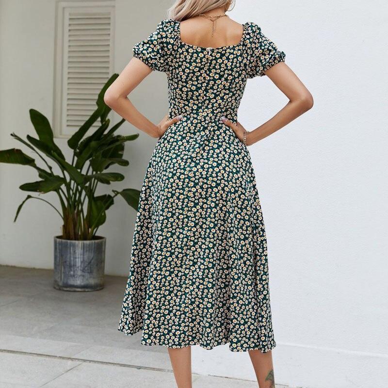 Повседневное летнее платье трапециевидной формы с квадратным вырезом, женское зеленое платье с пышными рукавами, женские элегантные платья с высокой талией и цветочным принтом, женская одежда 25278