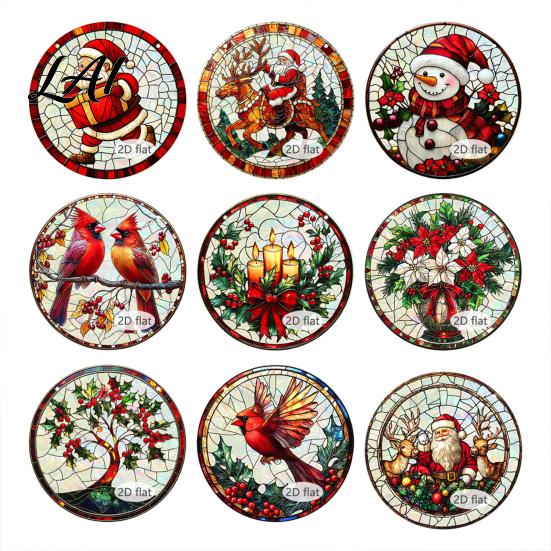 Double Sided Festive Window Art Christmas Acrylic Hanging Decor 2D Holographic Stained Glass Decorations Ornament with Metal Chain Double-sided