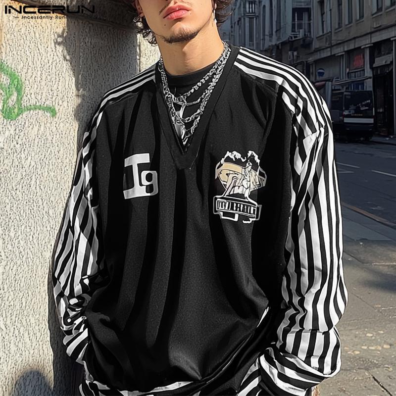 INCERUN Мужские топы с V-образным вырезом и длинным рукавом, повседневные полосатые футболки в стиле пэчворк