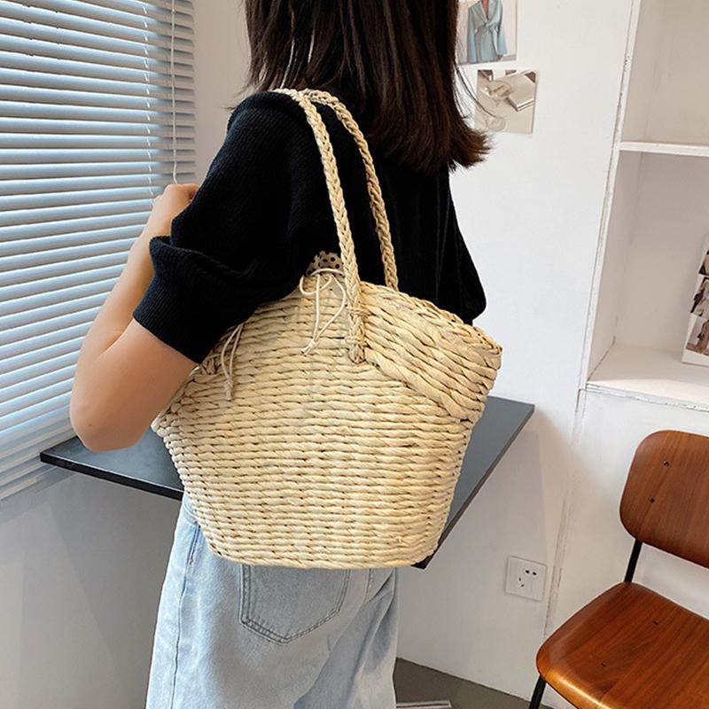 Summer Straw Bag Women Weave Handmade Handbag Drawstring Handle Bag Large Capacity Wave Point Tote Bag Shopping Bags KTY