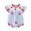 Baby Girls Rompers Lobster Embroidery Round Neck Fly Sleeve Infant Bodysuits Jumpsuits