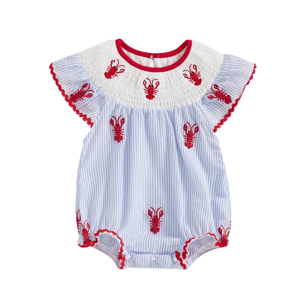 Baby Girls Rompers Lobster Embroidery Round Neck Fly Sleeve Infant Bodysuits Jumpsuits