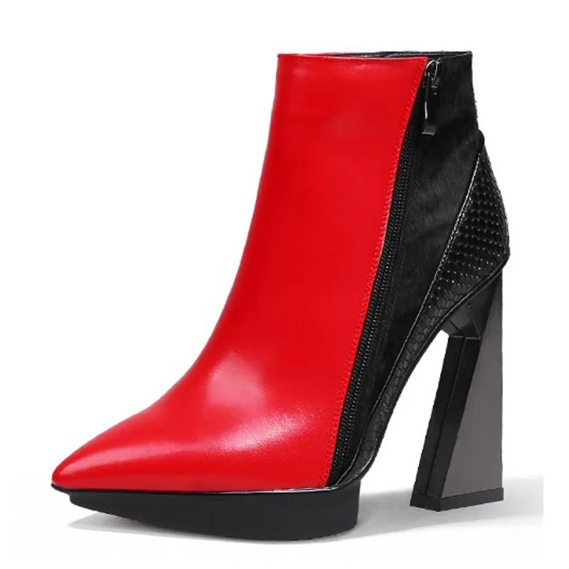 Модный бренд Подиумный стиль Смешанный цвет Банкетные Короткие ботинки из коровьей кожи Сексуальные Остроносые Водонепроницаемые Платформа Необычный Высокий каблук Ботильоны 40