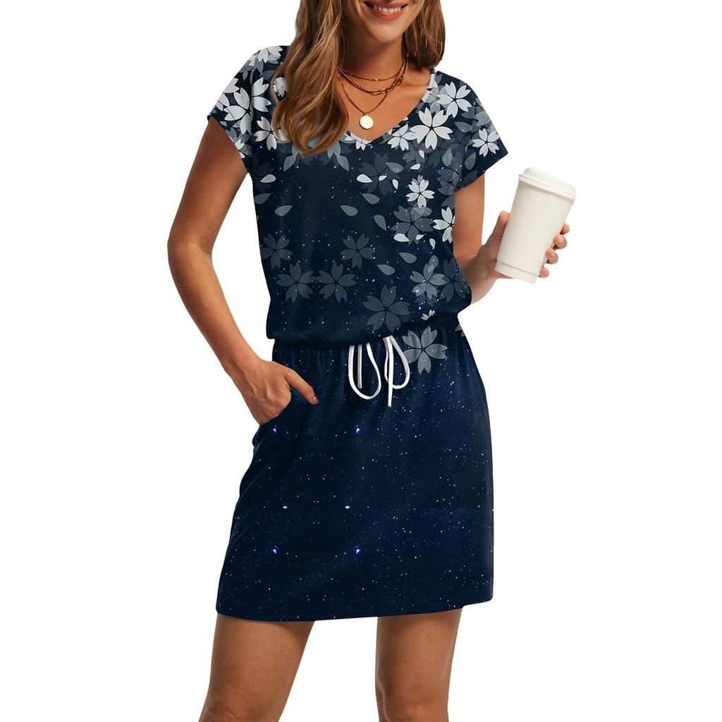 Women's Summer V-Neck Casual Short Sleeve Drawstring With Pocket Vintage Floral Dresses