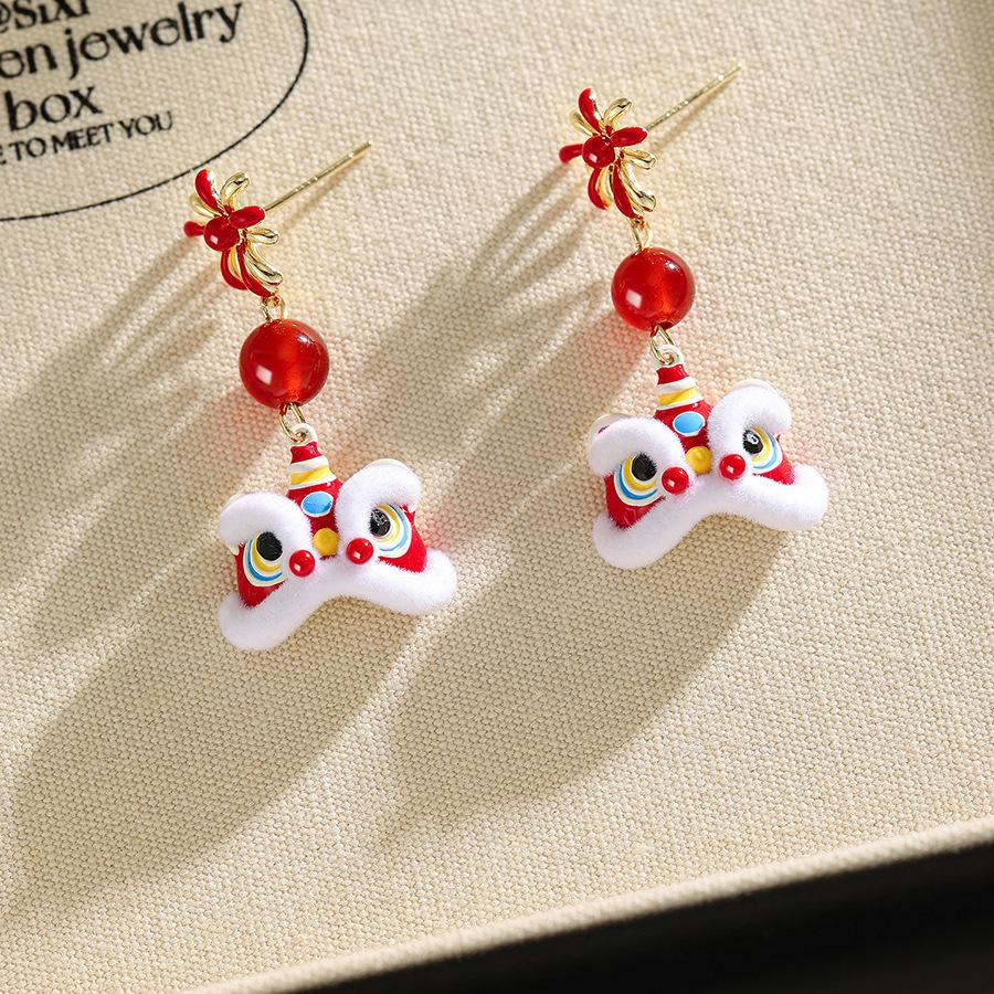 Silver Needle Dripping Oil Glass Lion Dance Earrings – Light Luxury, High-End Feel, Chinese New Year Festive Style Studs.