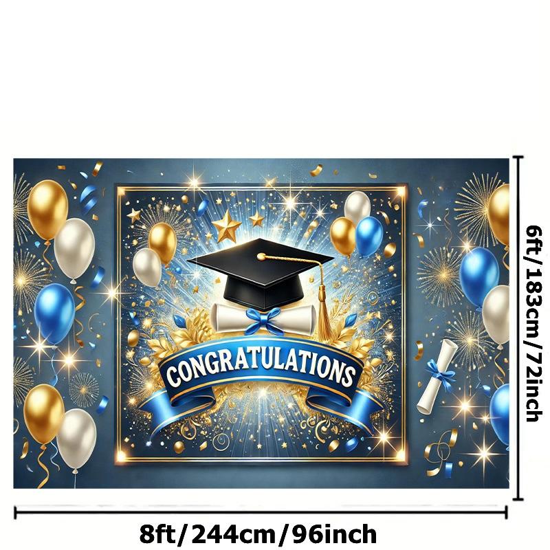 Wear Resist Congrats Grad Photo Backdrop 8x6ft 100D Polyester Colorful Bachelor Hat Banner for Indoor Outdoor Party Props