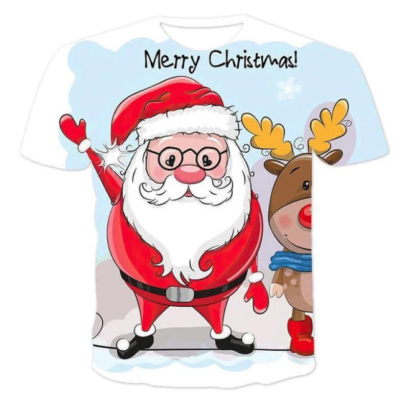 New Summer 3D Christmas Tree, Santa Claus Printed T-shirt, Snowman, Reindeer Pattern, Men's T-shirt, Children's Fun Short Sleeve Top