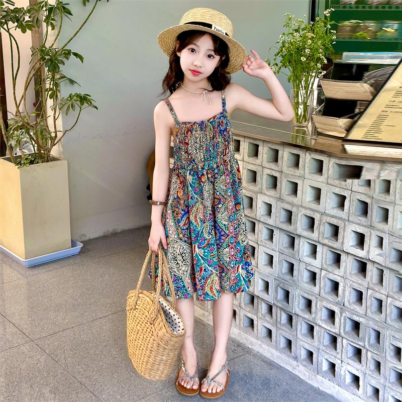 Girls' spaghetti strap dress, summer internet celebrity, girls' chiffon, children's clothing, floral princess beach dress, thin