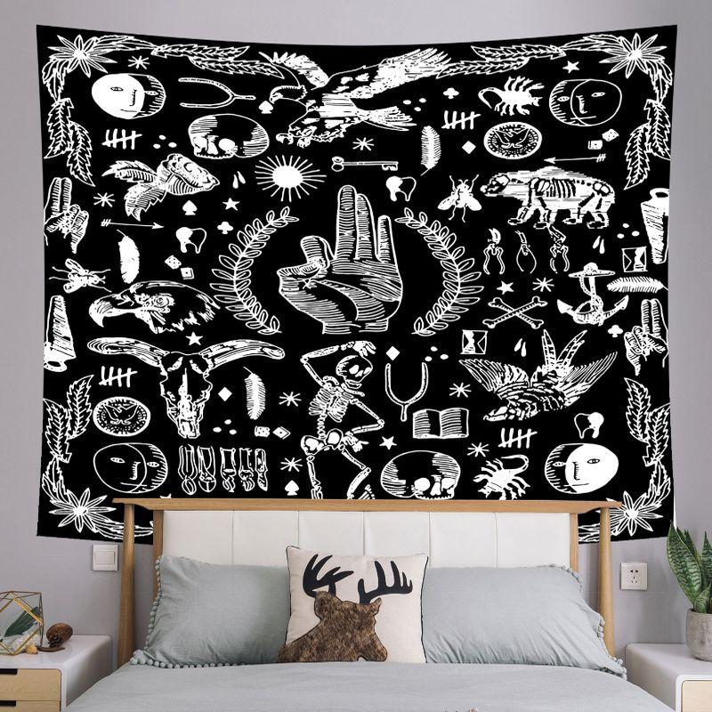 Black and White Mountains Rivers Waves Skeleton Star Moon Tapestry Retro Wall Hanging Bedroom Dormitory Home Decoration